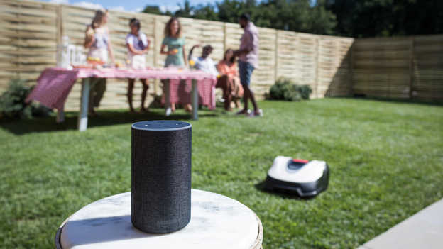 Gros plan sur Amazon Alexa avec une Miimo et une fête dan un jardin en arrière-plan.
