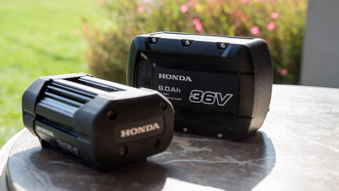 Close up Honda batteries in garden location.